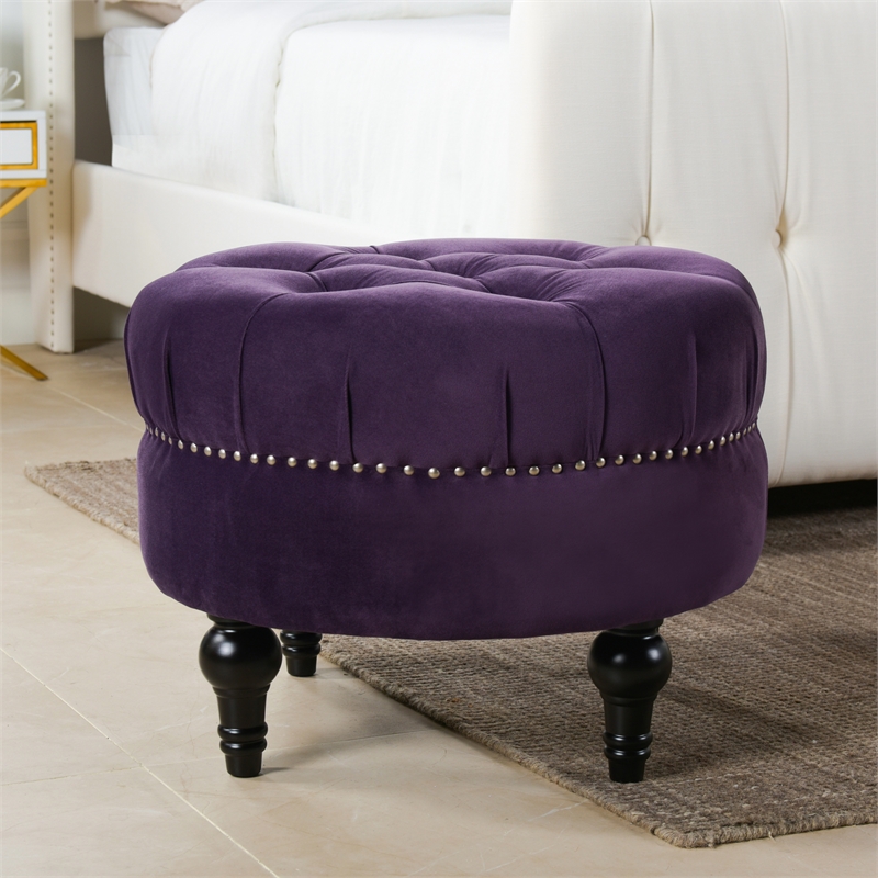 Maklaine Traditional Hardwood Tufted Round Ottoman Nailhead Accents in Purple