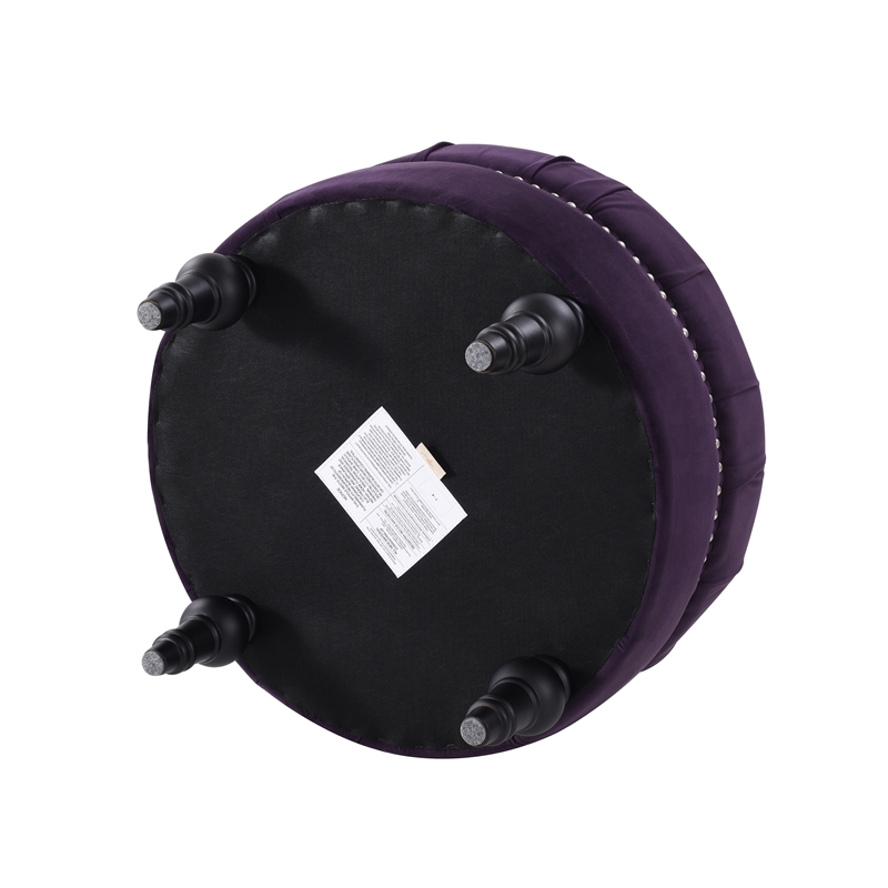 Maklaine Traditional Hardwood Tufted Round Ottoman Nailhead Accents in Purple