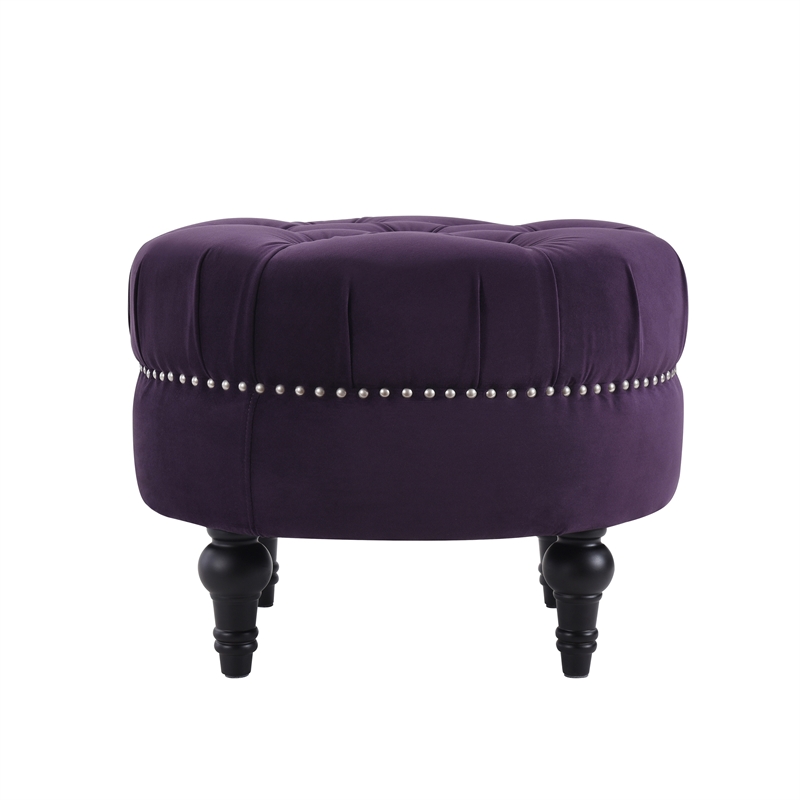Maklaine Traditional Hardwood Tufted Round Ottoman Nailhead Accents in Purple