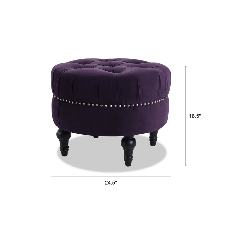Maklaine Traditional Hardwood Tufted Round Ottoman Nailhead Accents in Purple
