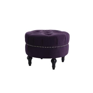 Maklaine Traditional Hardwood Tufted Round Ottoman Nailhead Accents in Purple