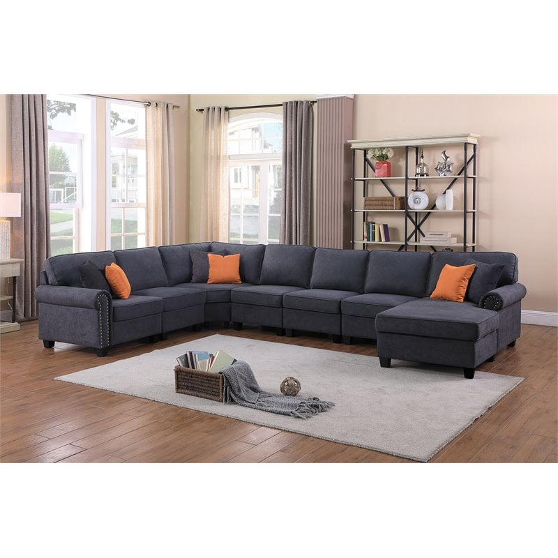 Maklaine Transitional Woven Fabric U-Shaped Sectional Sofa in Dark Gray