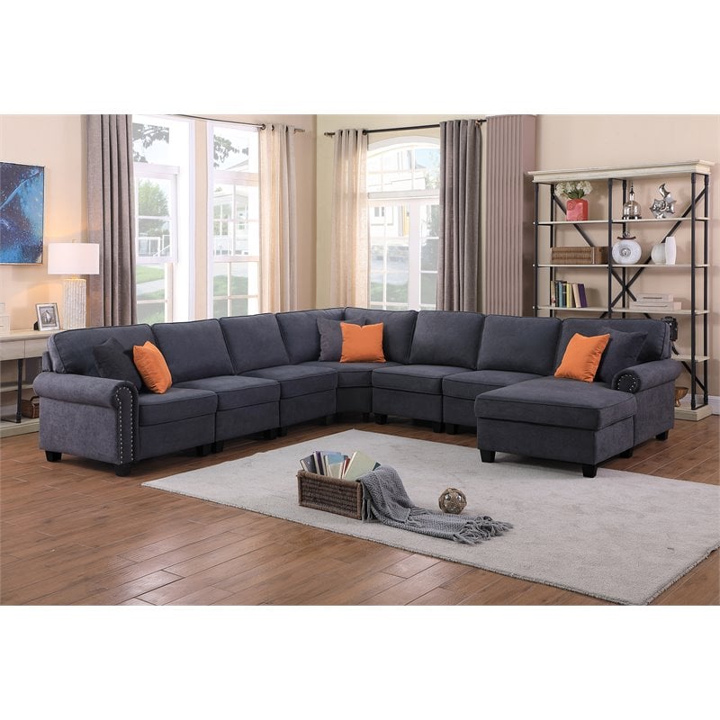 Maklaine Transitional Woven Fabric U-Shaped Sectional Sofa in Dark Gray