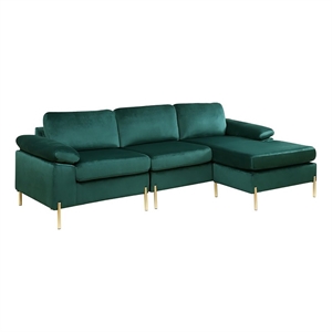 Maklaine Modern Velvet Cushioned Arms Sectional Sofa in Green/Gold