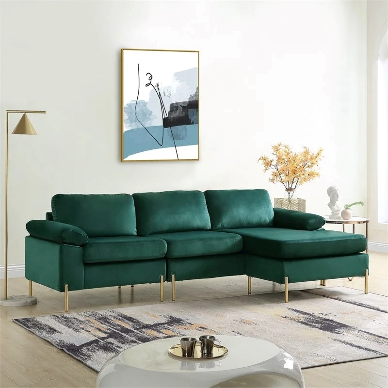 Maklaine Modern Velvet Cushioned Arms Sectional Sofa in Green/Gold