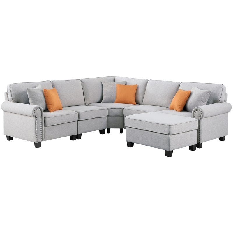 Maklaine Transitional Polyester Fabric U-Shaped Sectional Sofa in Light Gray
