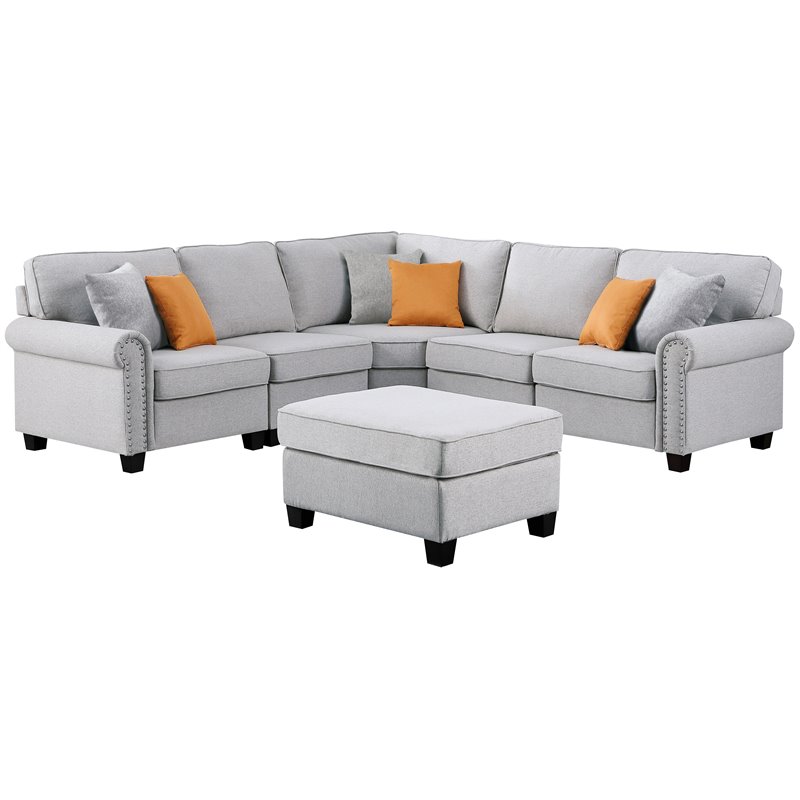 Maklaine Transitional Polyester Fabric U-Shaped Sectional Sofa in Light Gray