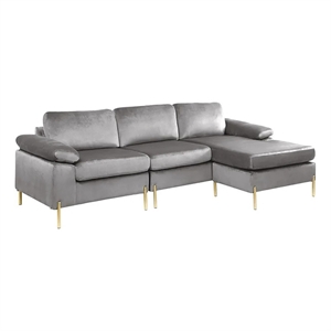 Maklaine Modern Velvet Cushioned Arms Sectional Sofa in Gray/Gold