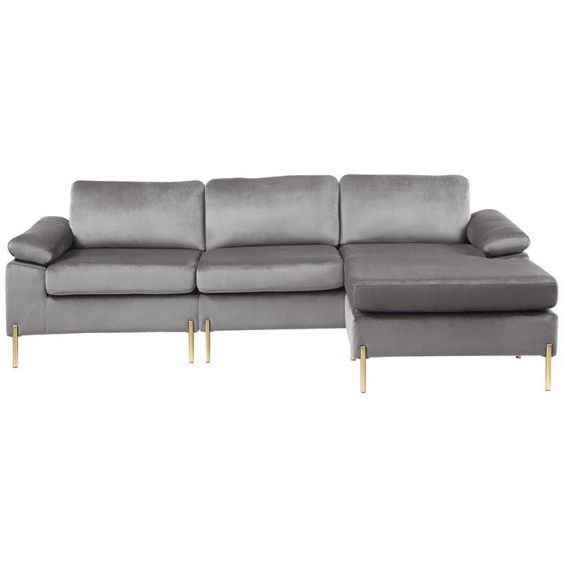 Maklaine Modern Velvet Cushioned Arms Sectional Sofa in Gray/Gold