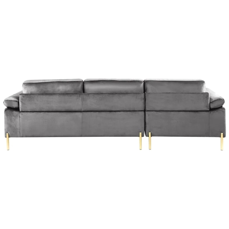 Maklaine Modern Velvet Cushioned Arms Sectional Sofa in Gray/Gold
