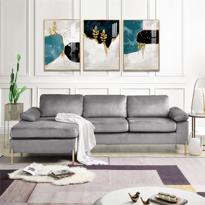 Maklaine Modern Velvet Cushioned Arms Sectional Sofa in Gray/Gold