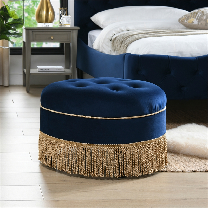 Maklaine Modern Upholstered Round Accent Ottoman in Navy Blue Velvet