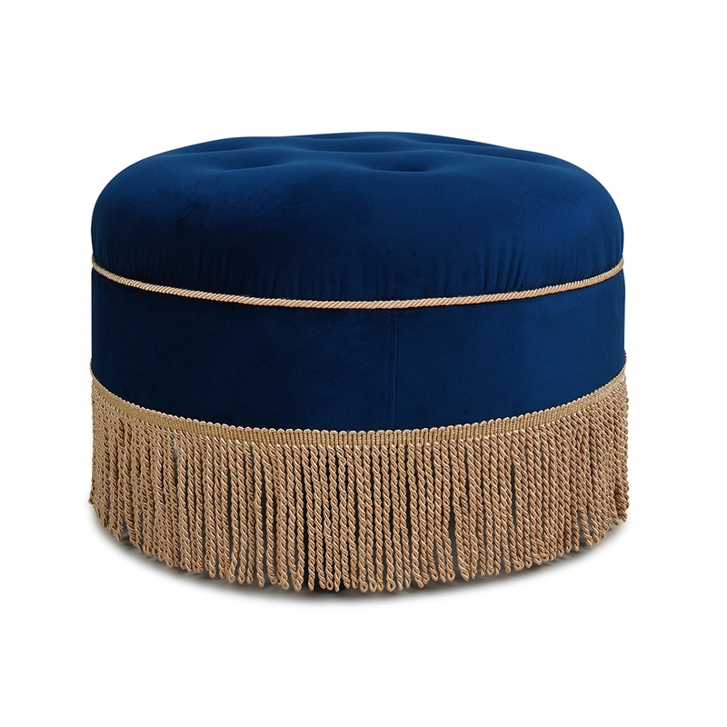 Maklaine Modern Upholstered Round Accent Ottoman in Navy Blue Velvet