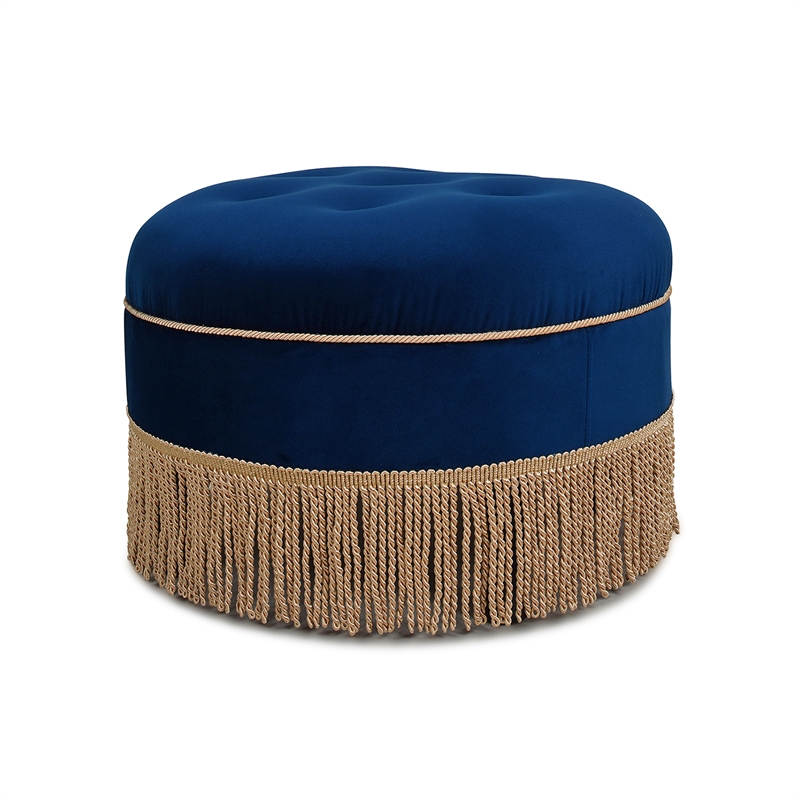 Maklaine Modern Upholstered Round Accent Ottoman in Navy Blue Velvet