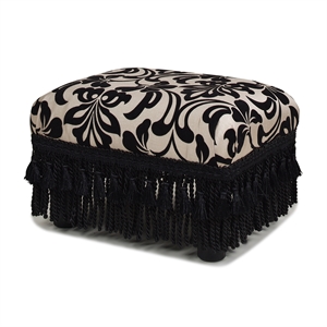 maklaine trandsitional accent footstool ottoman in black-ivory flocked floral