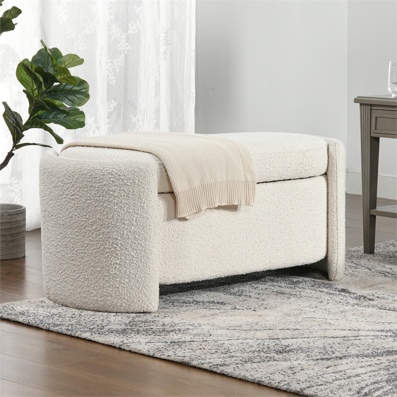Maklaine Upholstered Ivory White Bench Oval Storage 43.5