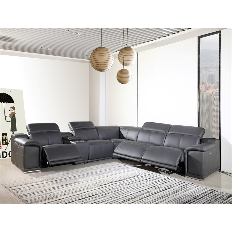 Maklaine Modern 6-Piece Italian Leather Power Reclining Sectional in Dark Gray