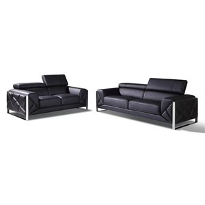 Maklaine Modern Genuine Italian Leather Sofa and Loveseat in Black