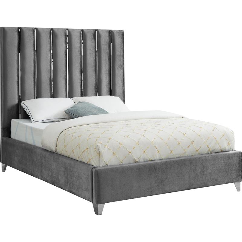 Maklaine Contemporary Solid Wood and Velvet King Bed in Gray
