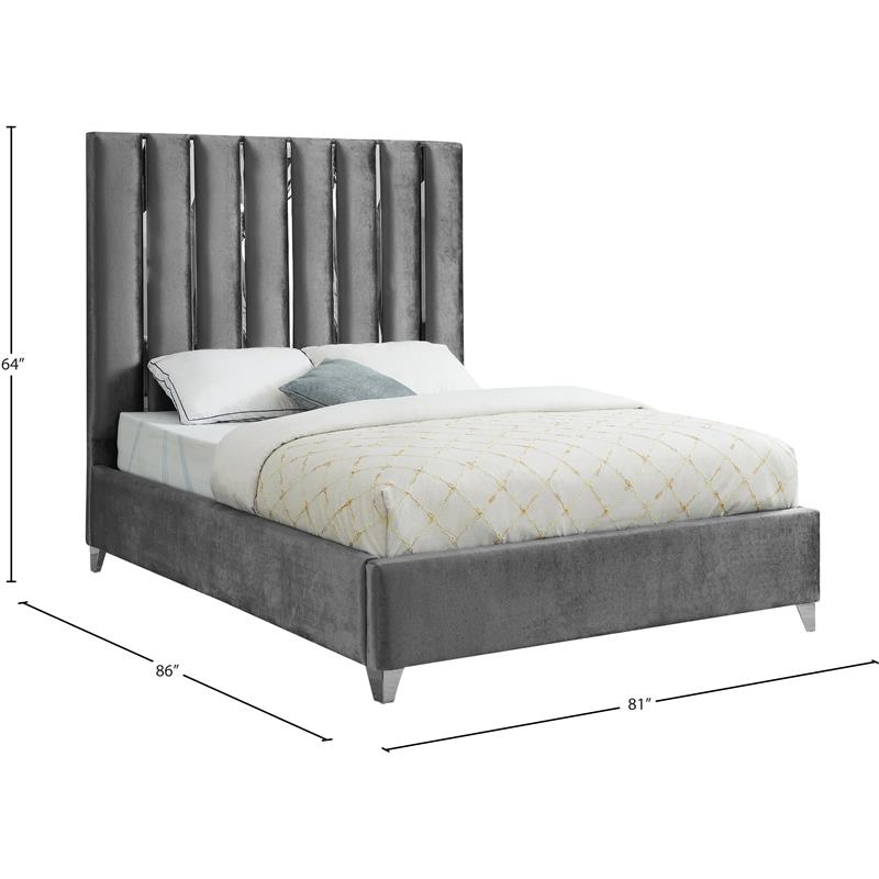 Maklaine Contemporary Solid Wood and Velvet King Bed in Gray