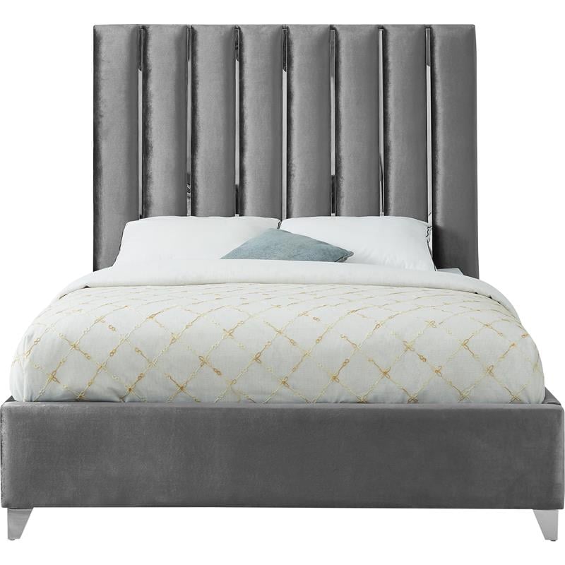 Maklaine Contemporary Solid Wood and Velvet King Bed in Gray
