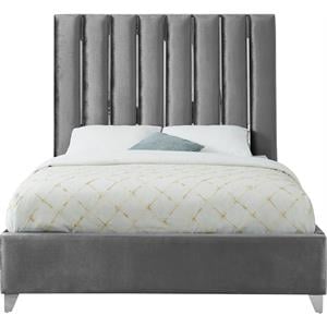 Maklaine Contemporary Solid Wood and Velvet King Bed in Gray