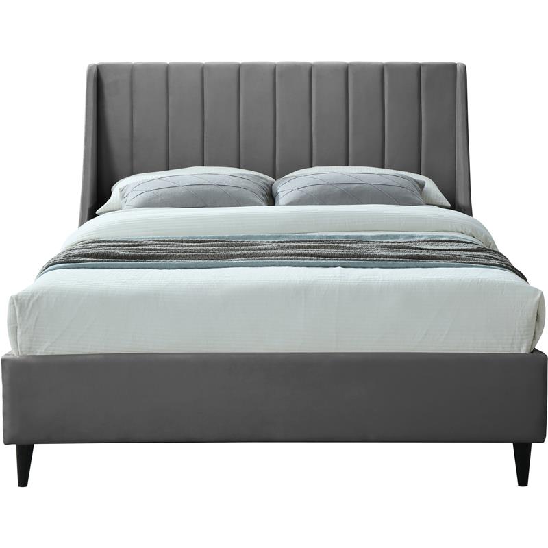 Maklaine Contemporary Gray Velvet Upholstered Queen Bed