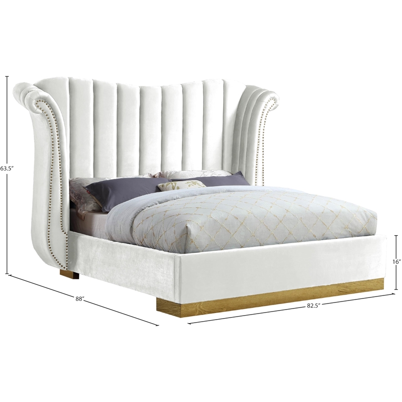 Maklaine Contemporary Solid Wood and Velvet Queen Bed in White
