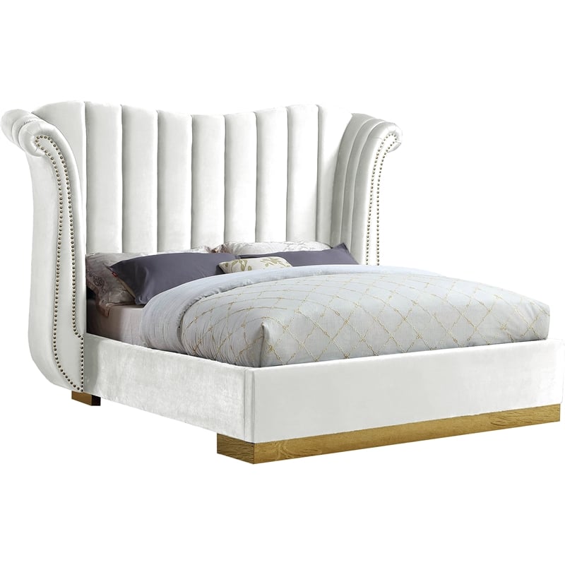 Maklaine Contemporary Solid Wood and Velvet Queen Bed in White