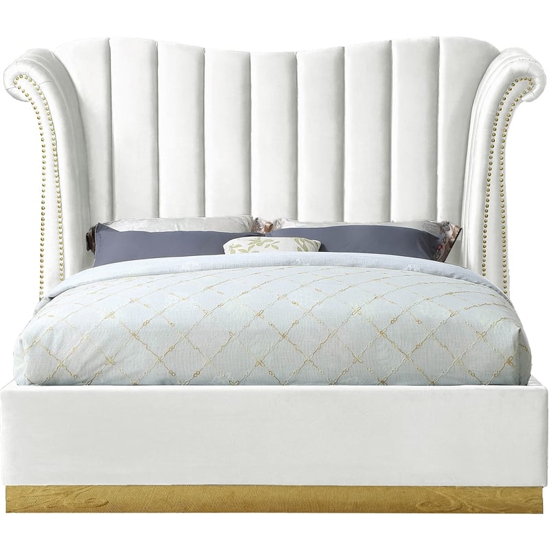 Maklaine Contemporary Solid Wood and Velvet Queen Bed in White