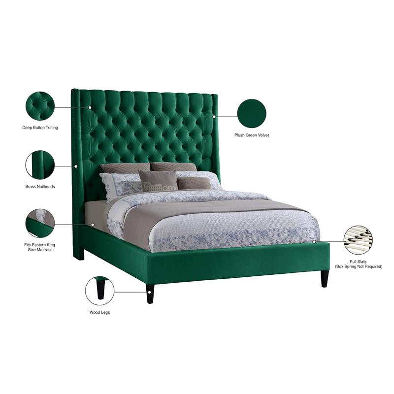 Maklaine Contemporary Upholstery Green Velvet King Bed