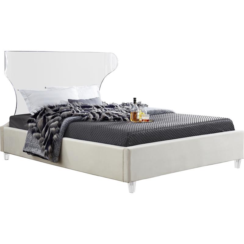 Maklaine Contemporary Upholstery Cream Velvet King Bed