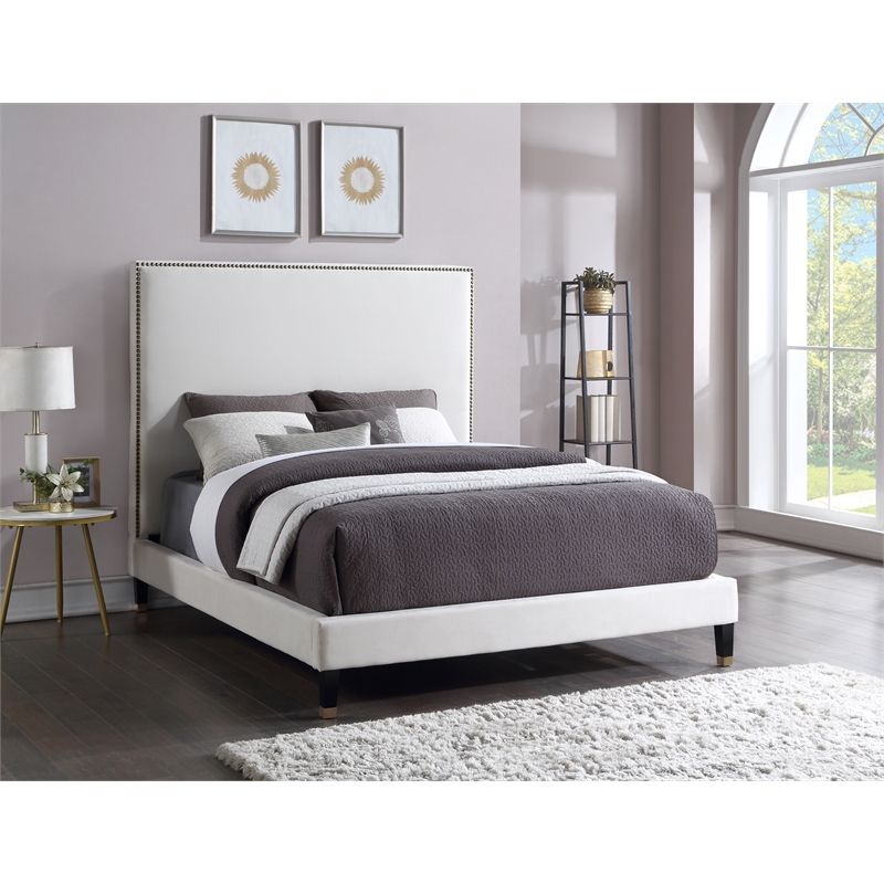 Maklaine Contemporary Upholstery Cream Velvet Full Bed