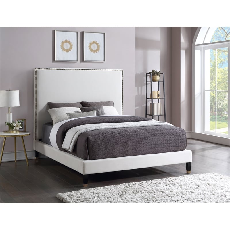 Maklaine Contemporary Upholstery Cream Velvet King Bed