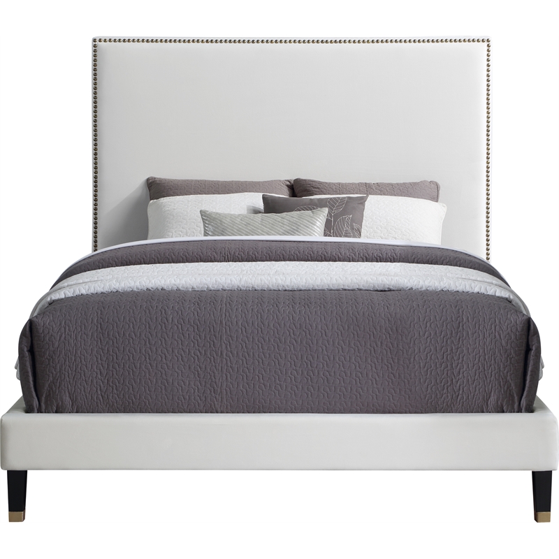 Maklaine Contemporary Upholstery Cream Velvet King Bed