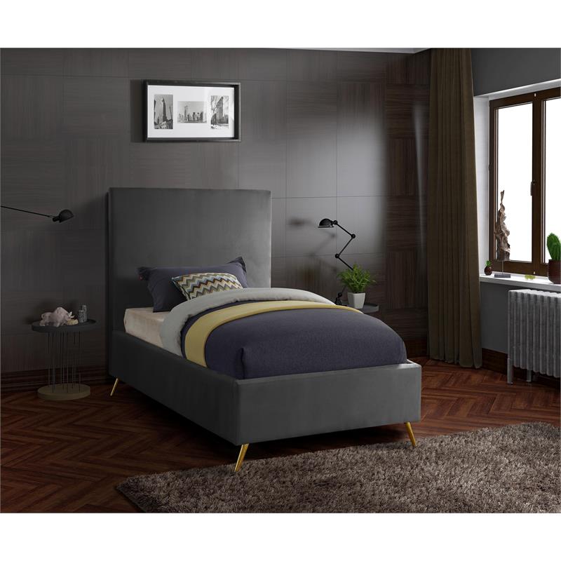 Maklaine Contemporary Velvet Twin Bed in Gray