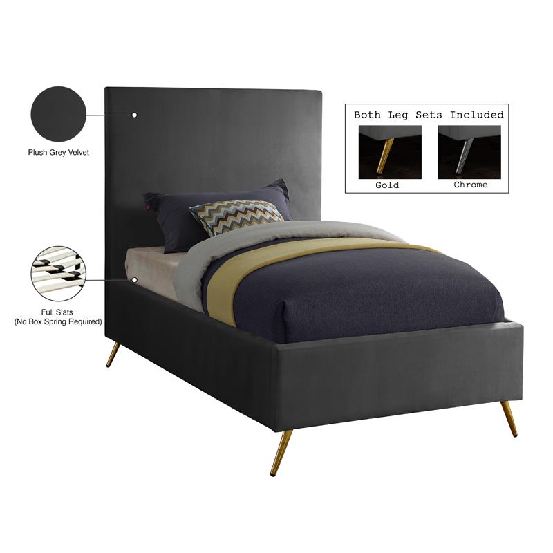 Maklaine Contemporary Velvet Twin Bed in Gray