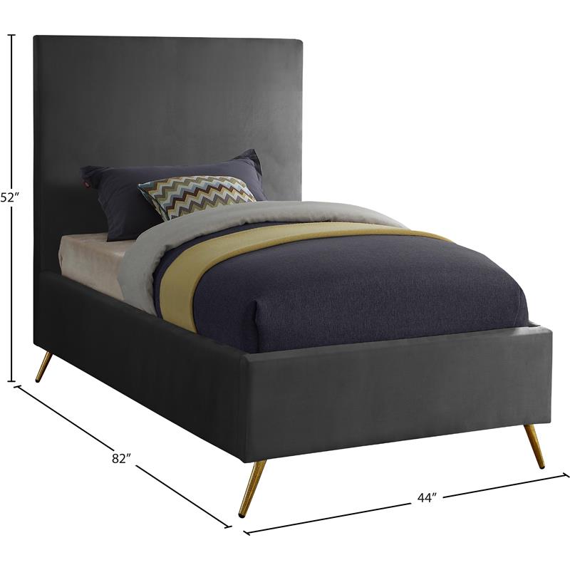 Maklaine Contemporary Velvet Twin Bed in Gray