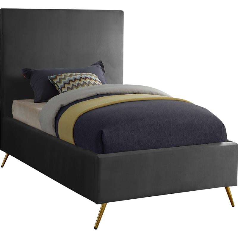 Maklaine Contemporary Velvet Twin Bed in Gray