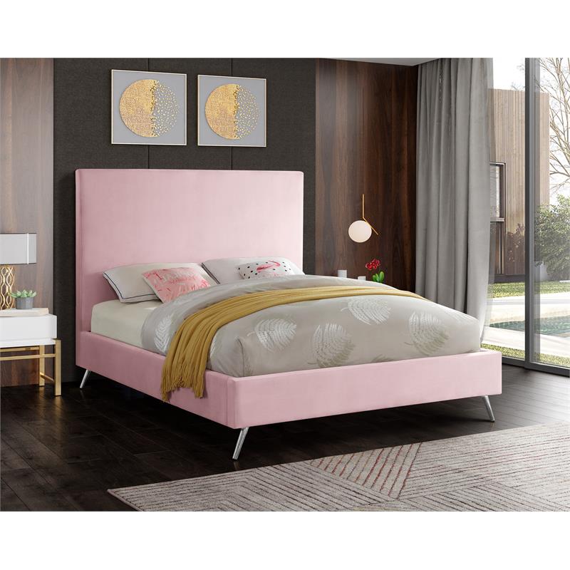 Maklaine Contemporary Velvet King Bed in Pink