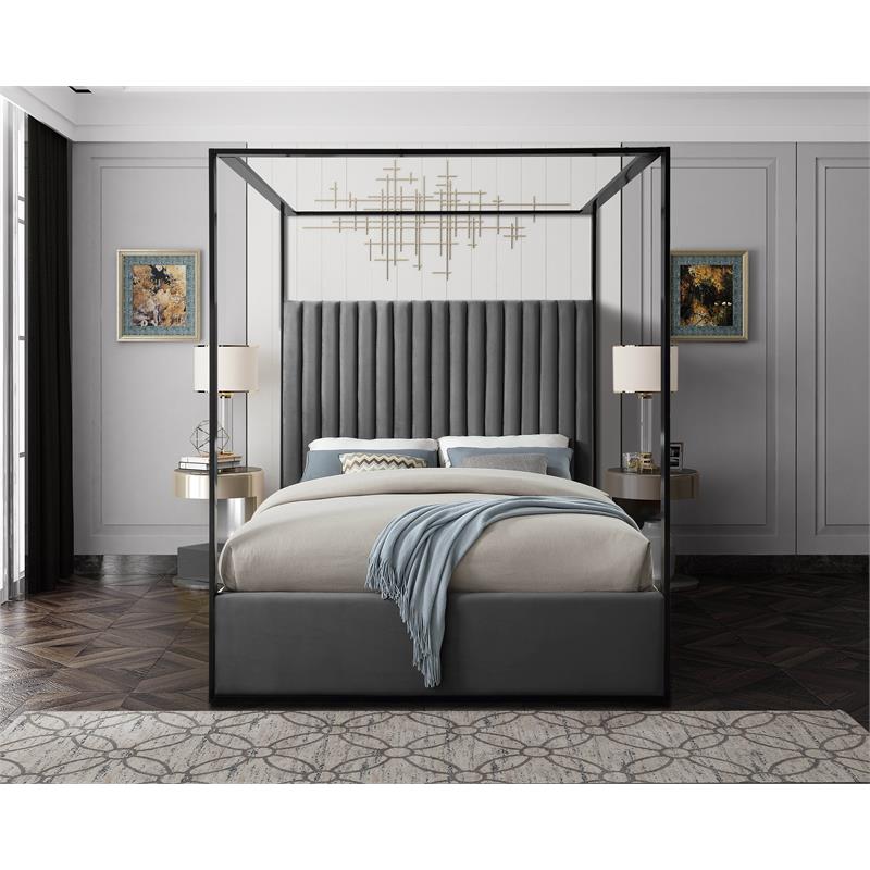 Maklaine Contemporary Solid Wood and Velvet Queen Bed in Gray