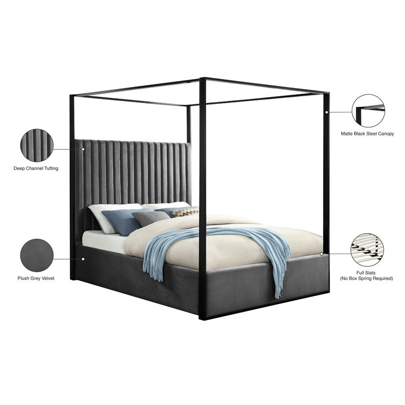 Maklaine Contemporary Solid Wood and Velvet Queen Bed in Gray