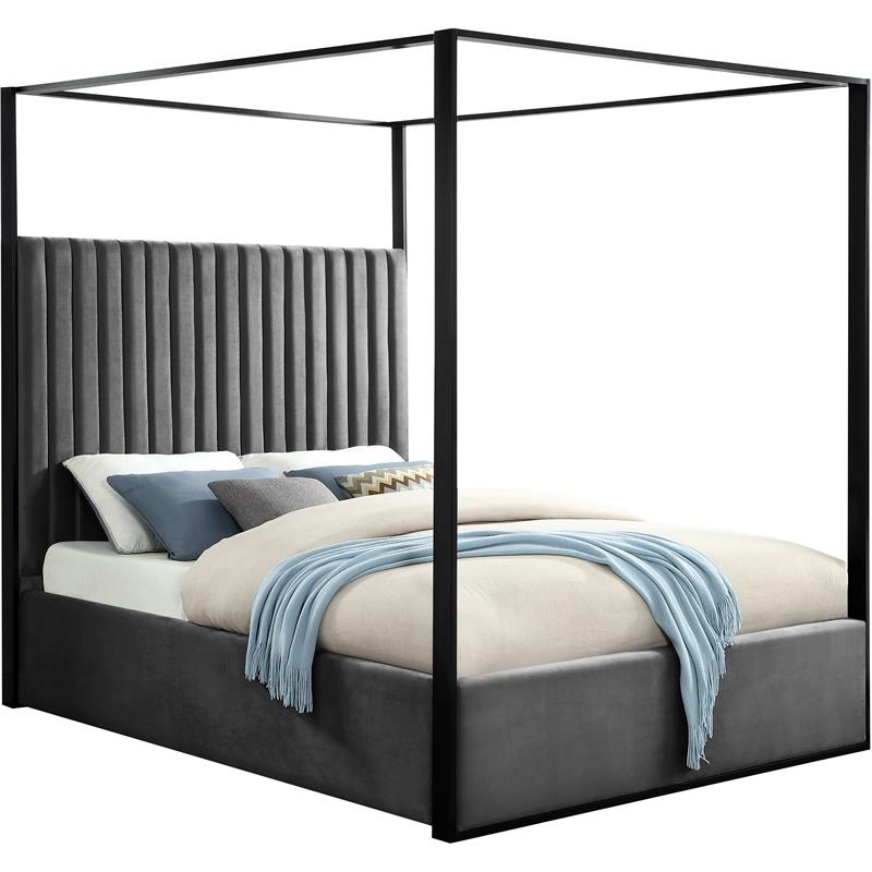 Maklaine Contemporary Solid Wood and Velvet Queen Bed in Gray