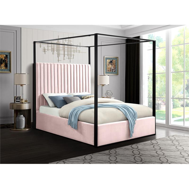 Maklaine Contemporary Solid Wood and Velvet Queen Bed in Pink