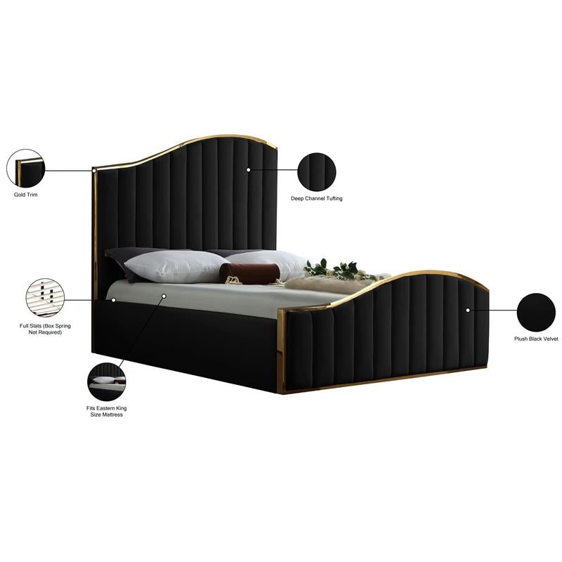 Maklaine Contemporary Solid Wood and Velvet King Bed in Black