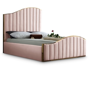 Maklaine Contemporary Solid Wood and Velvet Queen Bed in Pink