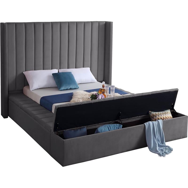 Maklaine Contemporary Solid Wood and Velvet King Bed in Gray