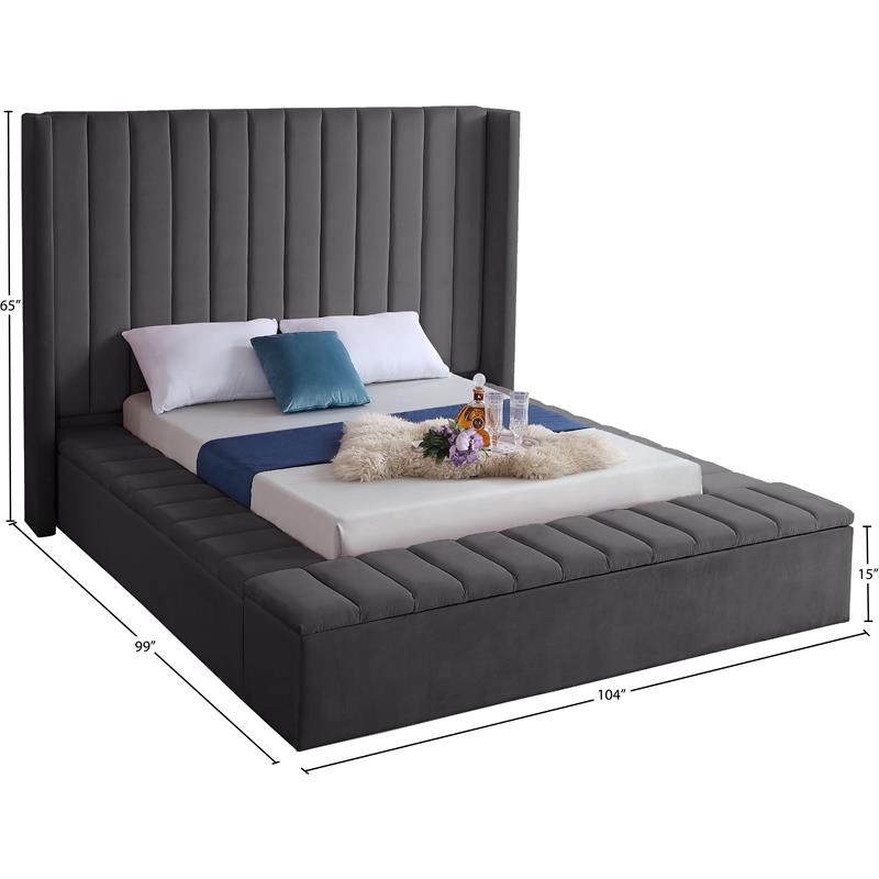 Maklaine Contemporary Solid Wood and Velvet King Bed in Gray
