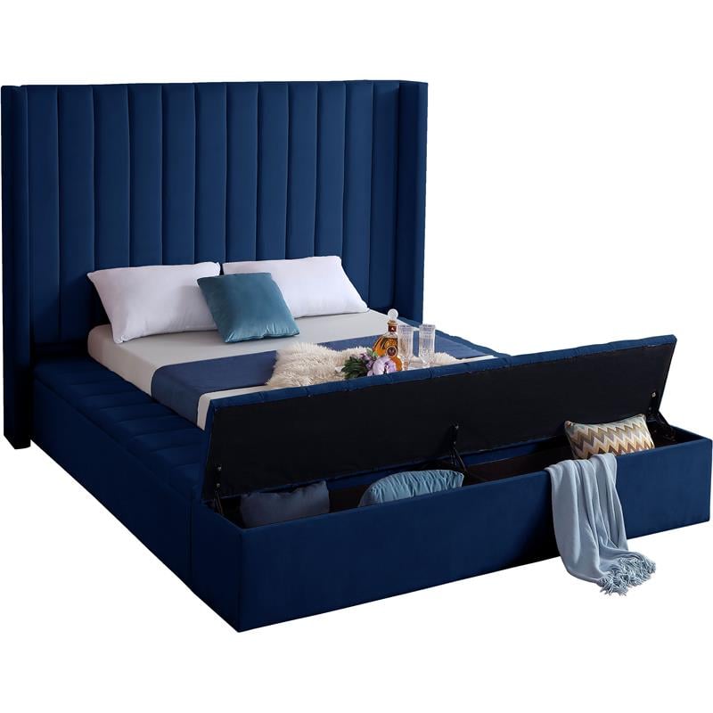Maklaine Contemporary Solid Wood and Velvet Queen Bed in Navy