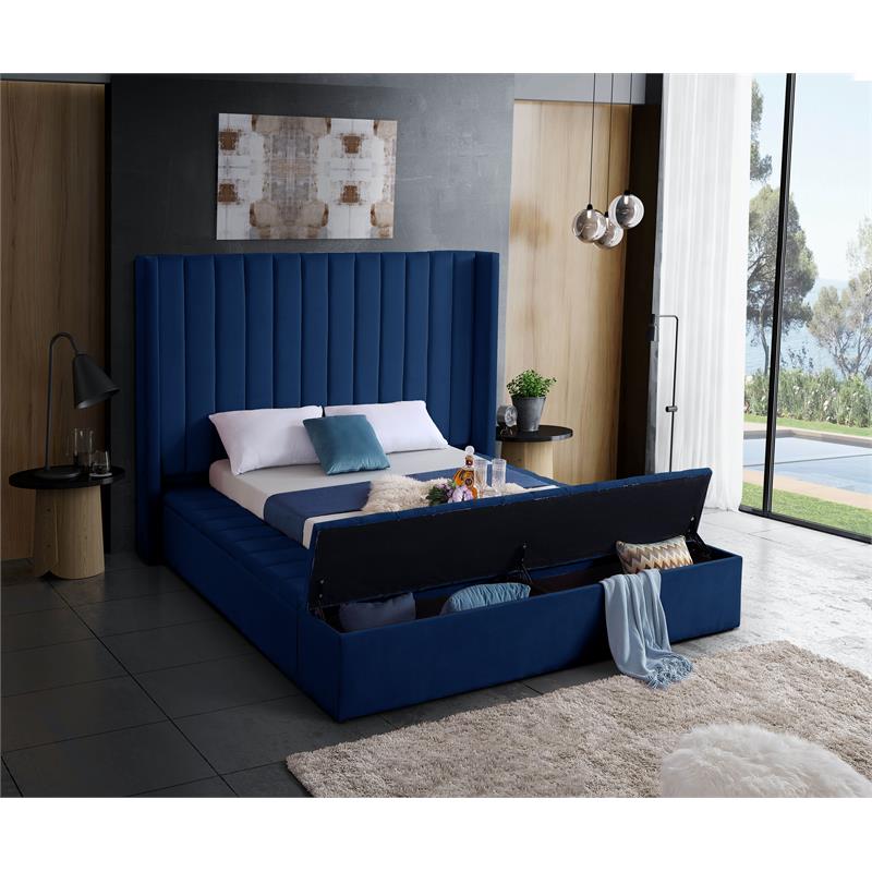 Maklaine Contemporary Solid Wood and Velvet Queen Bed in Navy